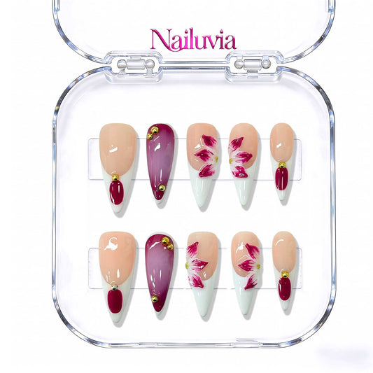 Nailuvia 10pcs Handmade Stiletto Press On Nails - Reusable Acrylic 3D Floral Magenta Ombre Nail Set with Gold Beads