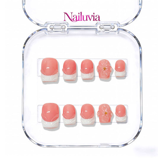 Nailuvia 10pcs Handmade Short Square Press On Nails - Reusable Acrylic Peach Pink French Tip with 3D Cherry Blossom