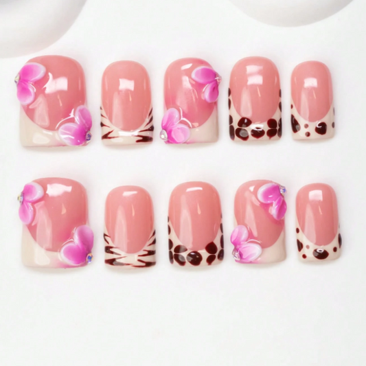 Nailuvia 10pcs Pink Press On Nails | 3D Floral & Leopard Print Reusable Acrylic Nails