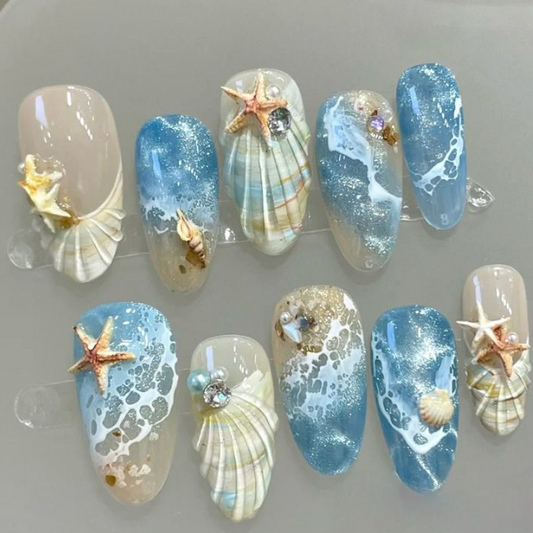 Nailuvia 10pcs Almond Press On Nails | Ocean Blue Wave Starfish Shell & Glitter Reusable Acrylic Nails