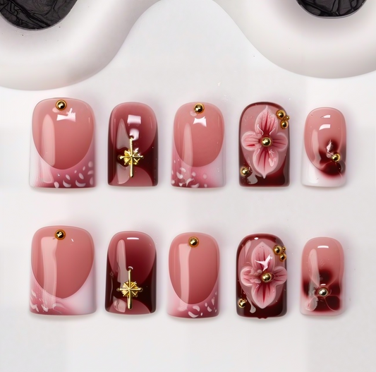10pcs Handmade Acrylic Press-On Nails | Burgundy & Nude Pink with 3D Floral & Gold Accents | Reusable, Work-Friendly ST003