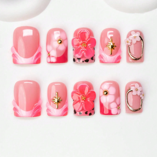 Nailuvia 10pcs Pink Floral Press On Nails | 3D Flower Gold Accent & Marble Reusable Acrylic Nails