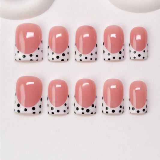 Nailuvia 10pcs Blush Pink French Press On Nails | Black Polka Dot Reusable Acrylic Nails