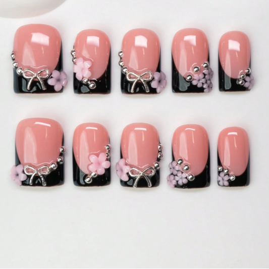 Nailuvia 10pcs Pink Black French Press On Nails | 3D Floral Bow & Pearl Embellished Reusable Acrylic Nails