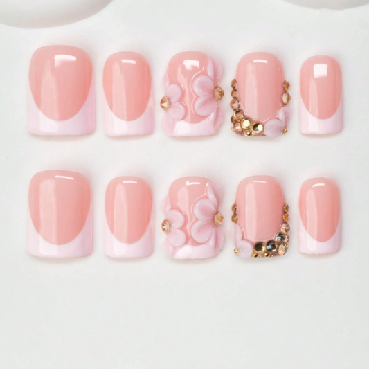 Nailuvia 10pcs Blush Pink French Press On Nails | 3D Floral & Gold Rhinestone Embellished Reusable Acrylic Nails