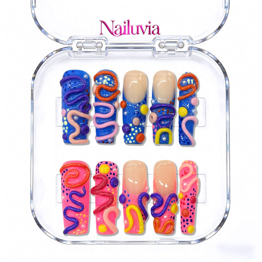 Nailuvia-D120 |10pcs Y2K Funky Handmade Acrylic Press On Nails 1.3 Inch Medium Square, Neon Pink Blue 3D Squiggle Dots Decor, Reusable False Nails Quick Wear Easy Apply