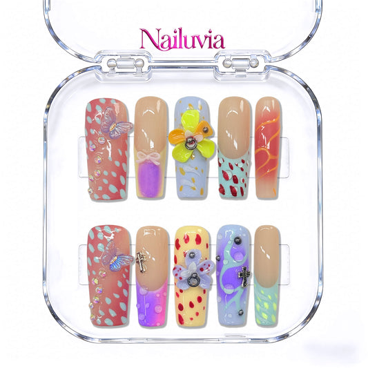 Nailuvia-D126 Midium-Square "Whimsical Garden" Press-On Nails