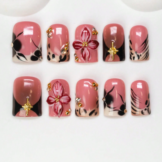 Nailuvia 10pcs Blush Pink Press On Nails | 3D Floral Black Ink Wash & Gold Star Embellished Reusable Acrylic Nails