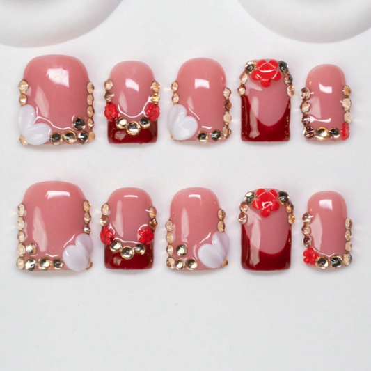Nailuvia 10pcs Blush Pink Press On Nails | Burgundy Red Accent Gold Rhinestone & 3D Heart Reusable Acrylic Nails