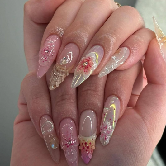 Nailuvia 10pcs Stiletto Press On Nails | Iridescent Pink Floral Opal Shell & Glitter Reusable Acrylic Nails
