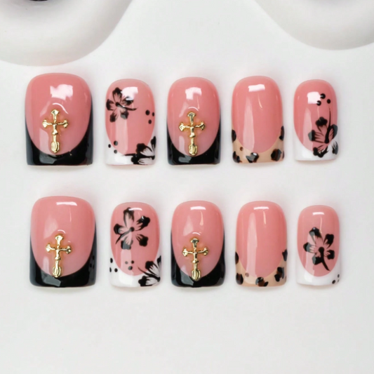 Nailuvia 10pcs Blush Pink Press On Nails | Black Floral Leopard & Gold Cross Reusable Acrylic Nails