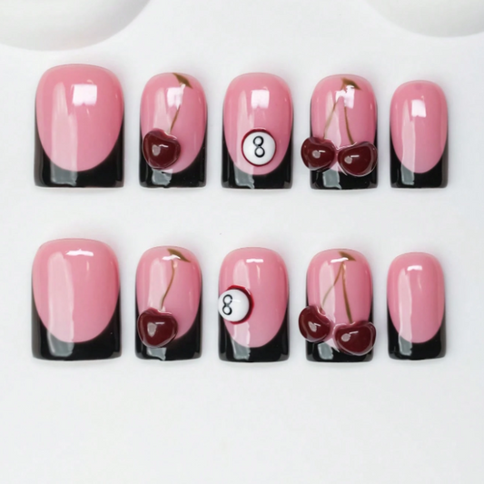 Nailuvia 10pcs Pink Black French Press On Nails | Cherry & 8-Ball Embellished Reusable Acrylic Nails