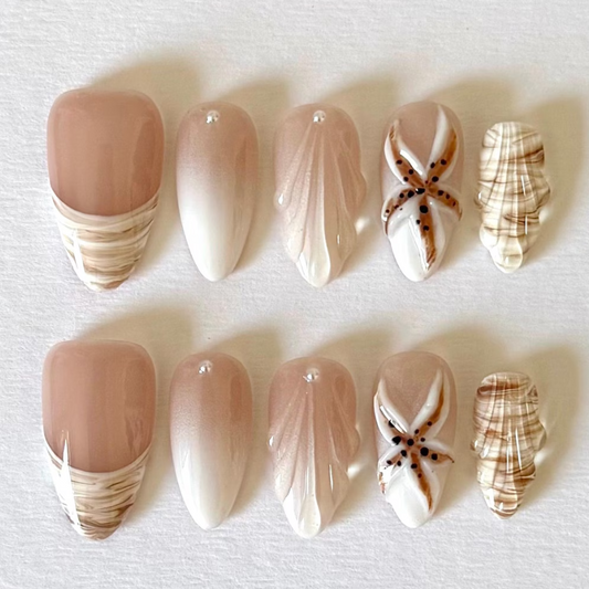 Nailuvia 10pcs Almond Press On Nails | Nude Beige Shell Texture Swirl & Brown Star Detail Reusable Acrylic Nails