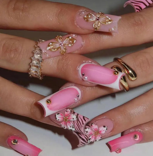 Nailuvia-FR021 French "Pink Safari Butterfly" Press-On Nails