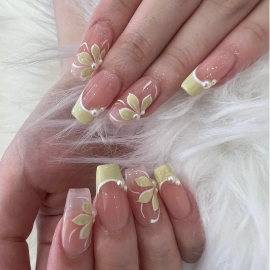 Nailuvia 10pcs Square Press On Nails | Pale Yellow French Tip White Floral & Pearl Reusable Acrylic Nails