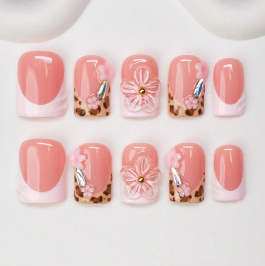 Nailuvia 10pcs Pink French Press On Nails | Leopard Print 3D Floral & Iridescent Glitter Reusable Acrylic Nails
