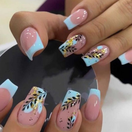 Nailuvia 10pcs Long Square Press On Nails | Baby Blue French Tip Black Leaf Gold Foil Reusable Acrylic Nails