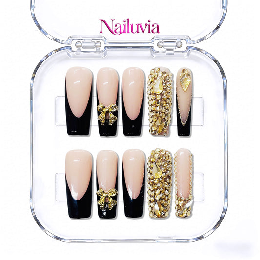 Nailuvia-D036 Midium-Square "Gilded Noir" Press-On Nails
