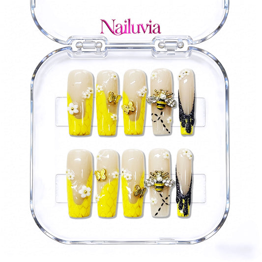 Nailuvia-D038 Midium-Square "Honeybee Garden" Press-On Nails