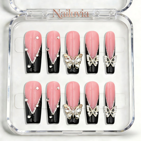 Nailuvia-D057 Midium-Square "Butterfly Noir Blush" Press-On Nails