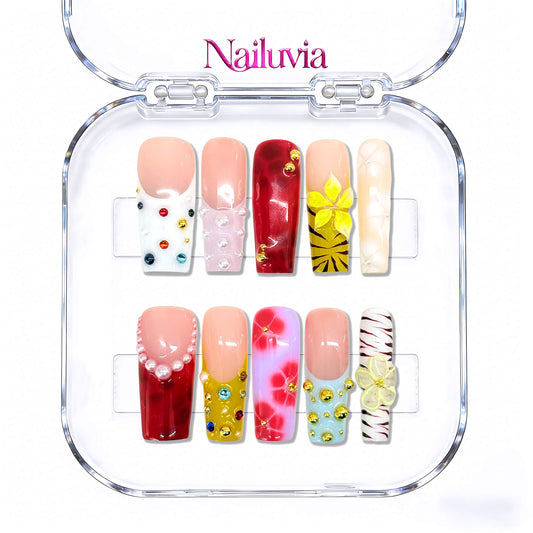 Nailuvia-D064 Midium-Square Luxury Press-On Nails – Floral Pearl & Burgundy Art Set