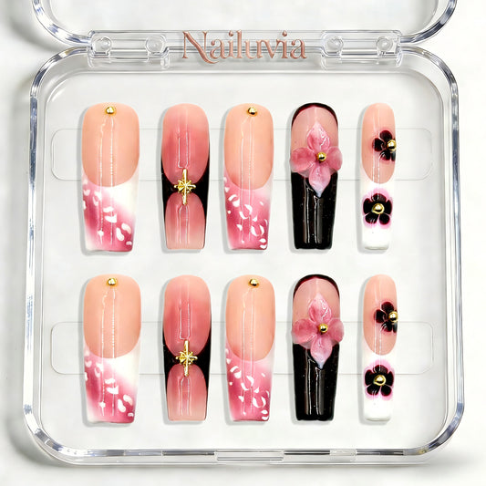 Nailuvia-D092 Midium-Square "Blossom Noir" Press-On Nails
