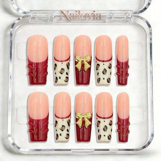 Nailuvia-D097 Midium-Square "Ruby Leopard Bow" Press-On Nails