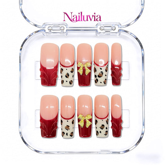 Nailuvia-D097 Midium-Square "Ruby Leopard Bow" Press-On Nails