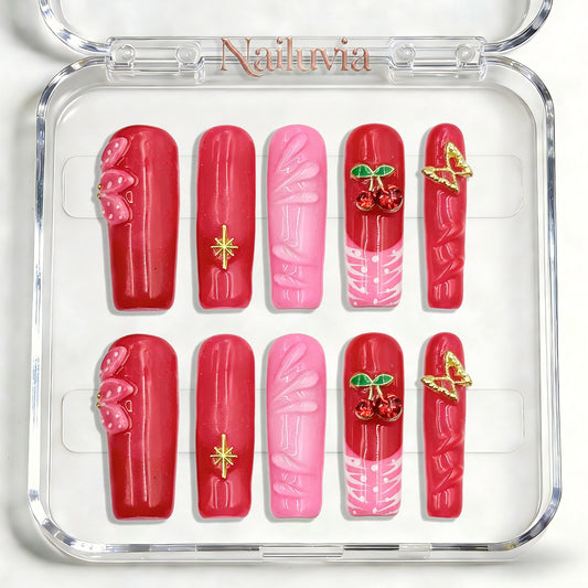 Nailuvia-D100 Midium-Square "Cherry Red Dream" Press-On Nails