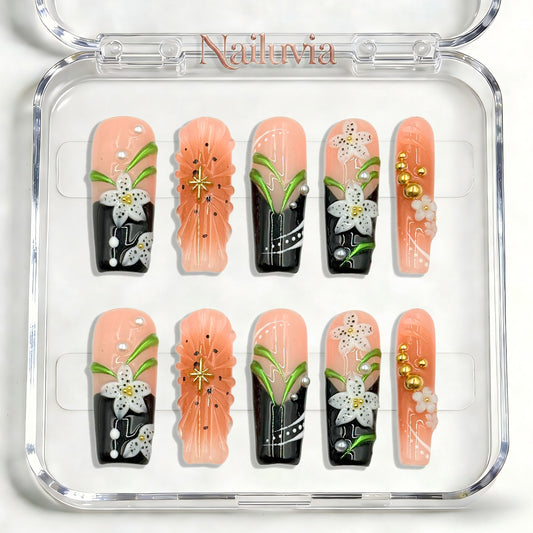 Nailuvia-D105 Midium-Square "Blossom Noir Garden" Press-On Nails