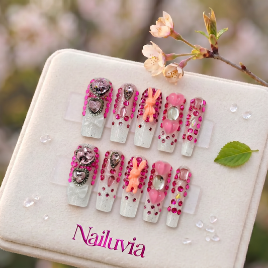 HK-D109 Handmade Medium Square Press On Nails for Daily Life, Dates & Social Parties