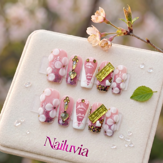 HK-D149 Handmade Medium Square Press Nails for Everyday Wear, Travel