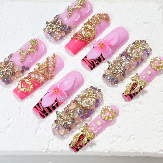Glamorous Handmade Pink Nail Art with Zebra Print, Gemstone & Gold Embellishments D052