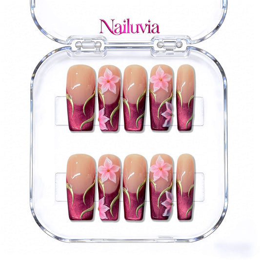 Luxury 3D Floral Medium Square Press-On Nails | Burgundy & Nude with Gold Swirls | Nailuvia
