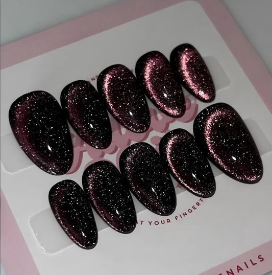 Nailuvia-CA016 Cat Eye "Burgundy Stardust" Press-On Nails