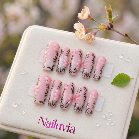 HK-D162 100% Pure Handmade Medium Square Nails for Daily Work, Dating, Party & Wedding