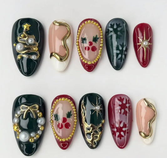 Nailuvia-AL017 Almond "Festive Enchantment" Press-On Nails