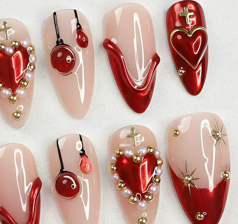 Nailuvia-AL022 Almond "Ruby Romance" Press-On Nails