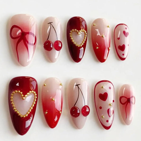 Nailuvia-AL038 Almond "Cherry Love" Press-On Nails