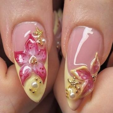 Nailuvia 10pcs Stiletto Press On Nails | Tropical Pink Floral Starfish Shell & Gold Pearl Reusable Acrylic Nails
