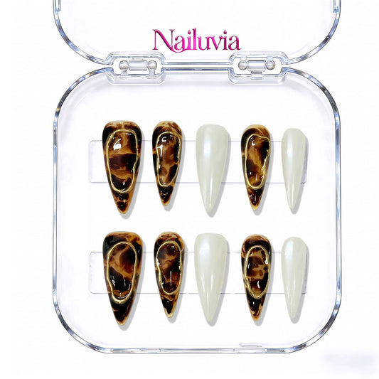 Nailuvia 10pcs Handmade Stiletto Press On Nails - Reusable Acrylic Nail Set (Tortoiseshell & Pearl White)