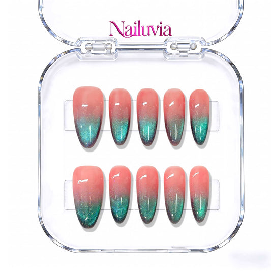 Nailuvia 10pcs Handmade Almond Press On Nails - Reusable Acrylic Pink Teal Glitter Ombre Nail Set