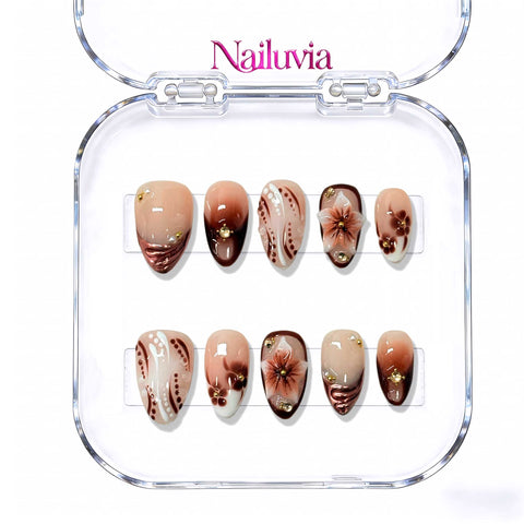 Nailuvia 10pcs Handmade Almond Press On Nails - Reusable Acrylic 3D Floral Brown Ombre Nail Set with Gold Beads