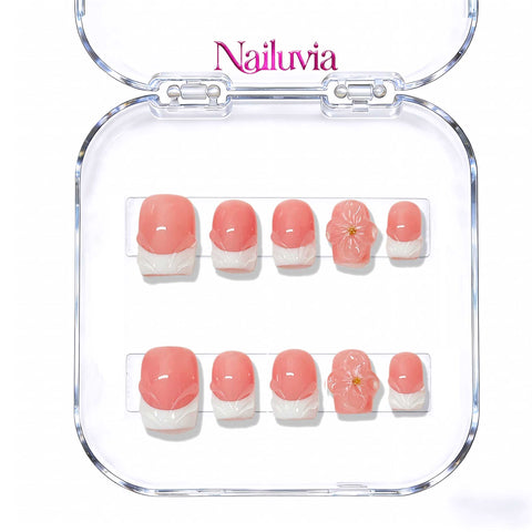 Nailuvia 10pcs Handmade Short Square Press On Nails - Reusable Acrylic Peach Pink French Tip with 3D Cherry Blossom