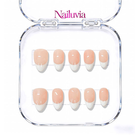 Nailuvia 10pcs Handmade Almond Press On Nails - Reusable Acrylic Classic French Tip Nude & White Nail Set