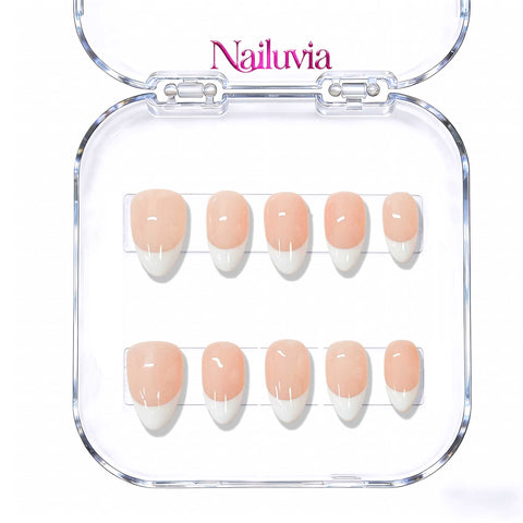 Nailuvia 10pcs Handmade Almond Press On Nails - Reusable Acrylic Classic French Tip Nude & White Nail Set