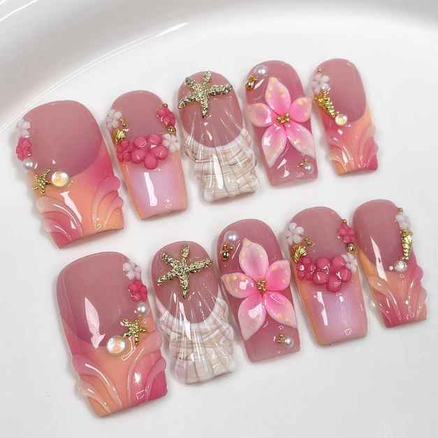 Nailuvia 10pcs Square Press On Nails | Blush Pink Ombre 3D Floral Gold Starfish Shell & Pearl Reusable Acrylic Nails