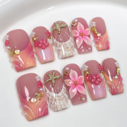 Nailuvia 10pcs Square Press On Nails | Blush Pink Ombre 3D Floral Gold Starfish Shell & Pearl Reusable Acrylic Nails