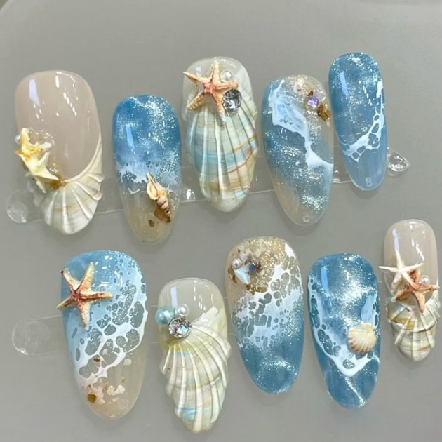 Nailuvia 10pcs Almond Press On Nails | Ocean Blue Wave Starfish Shell & Glitter Reusable Acrylic Nails