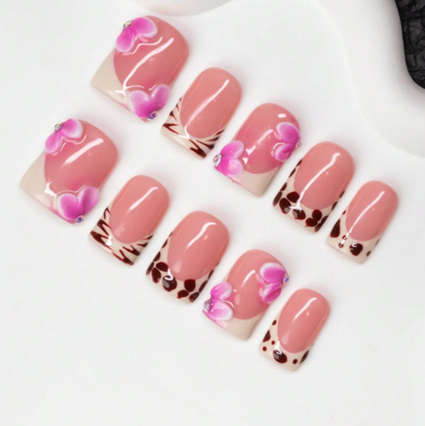 Nailuvia 10pcs Pink Press On Nails | 3D Floral & Leopard Print Reusable Acrylic Nails
